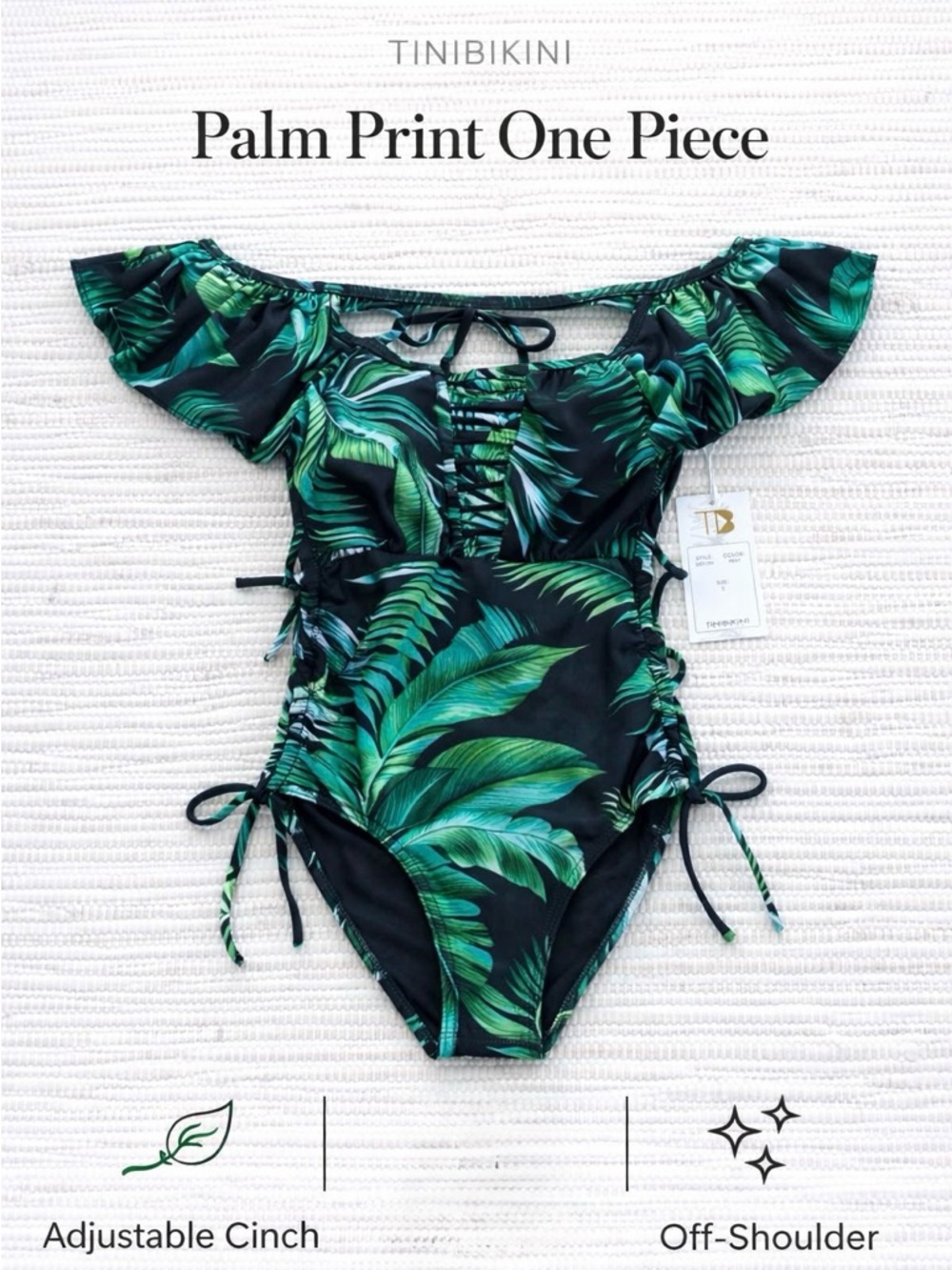 TiniBikini Palm Print One Piece Cutout Cinch S Off Shoulder NWT